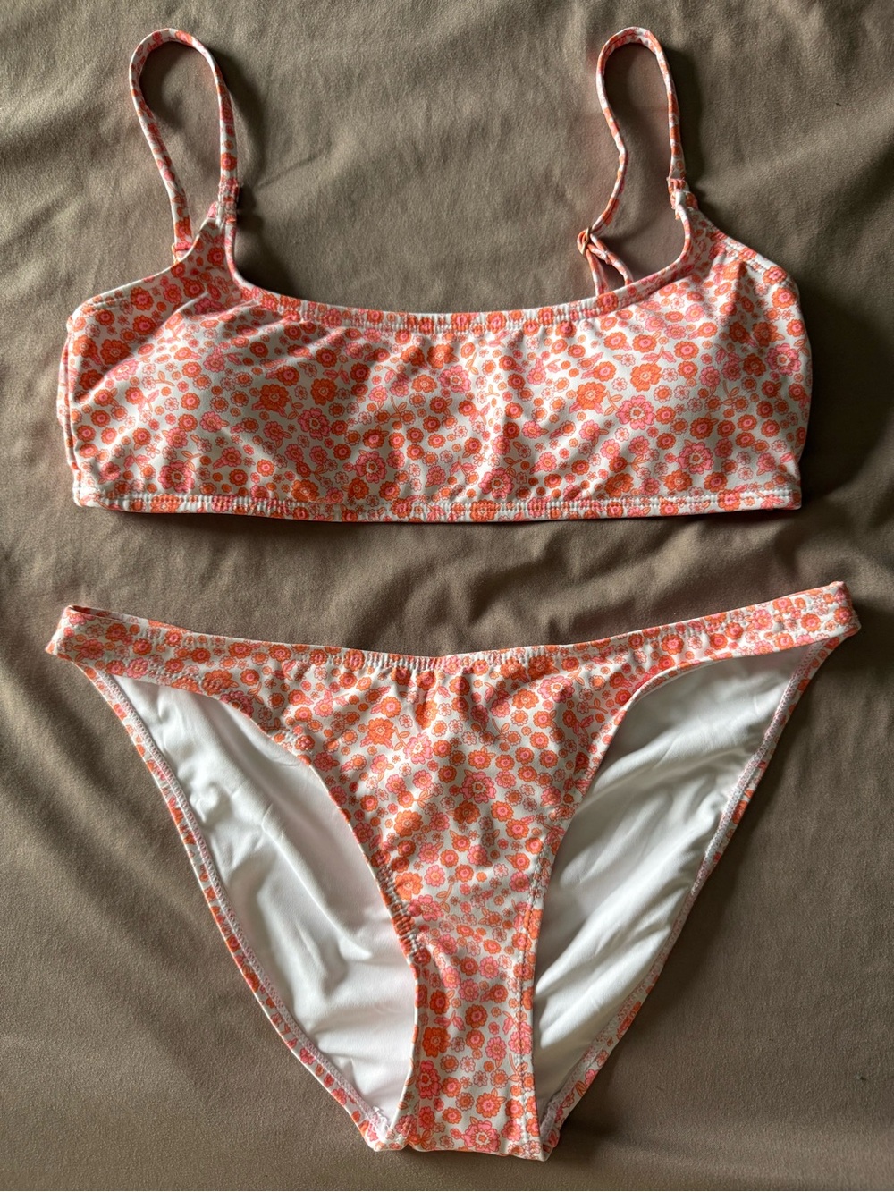 CottonBODY Floral Print Bralette Bikini Set in Pink Orange and White